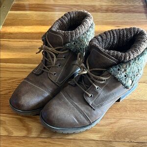 Brown Combat & Moto Boots with Knitted Cuff and Dark Brown Laces